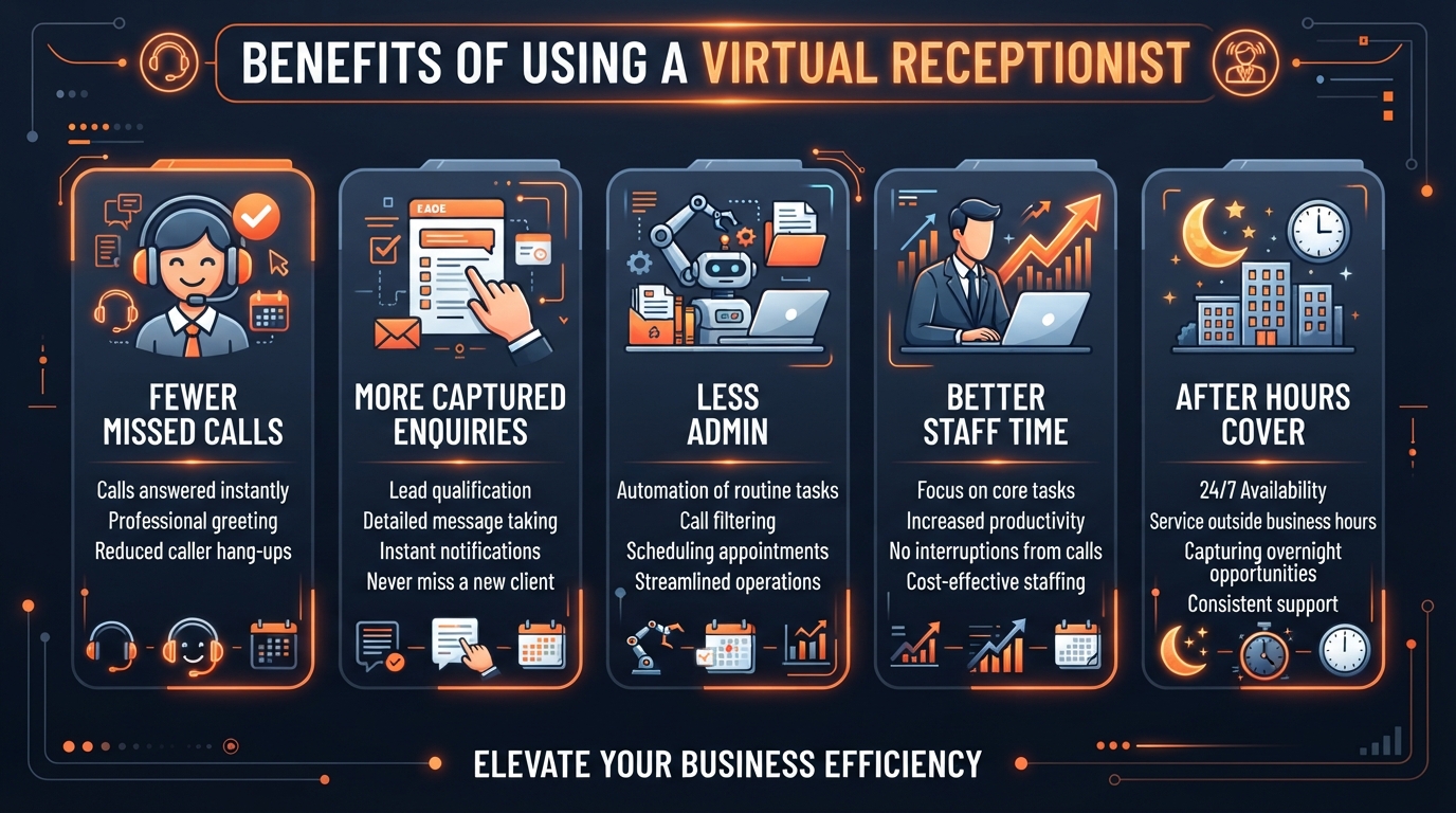 Benefits of virtual receptionist services including fewer missed calls and more captured enquiries