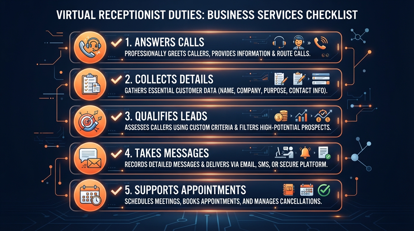 Virtual receptionist services for answering calls, collecting details and supporting appointments