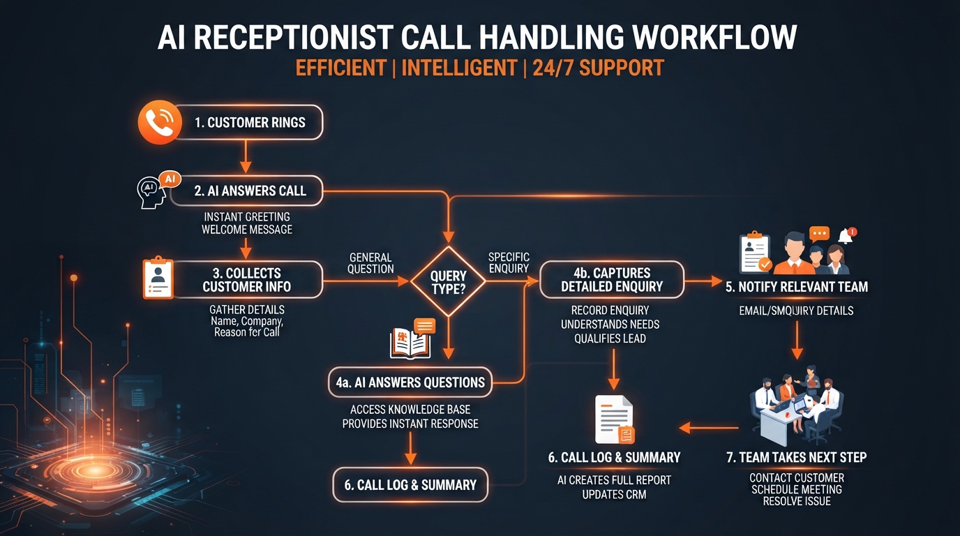 Virtual receptionist services call handling workflow from incoming call to customer follow-up